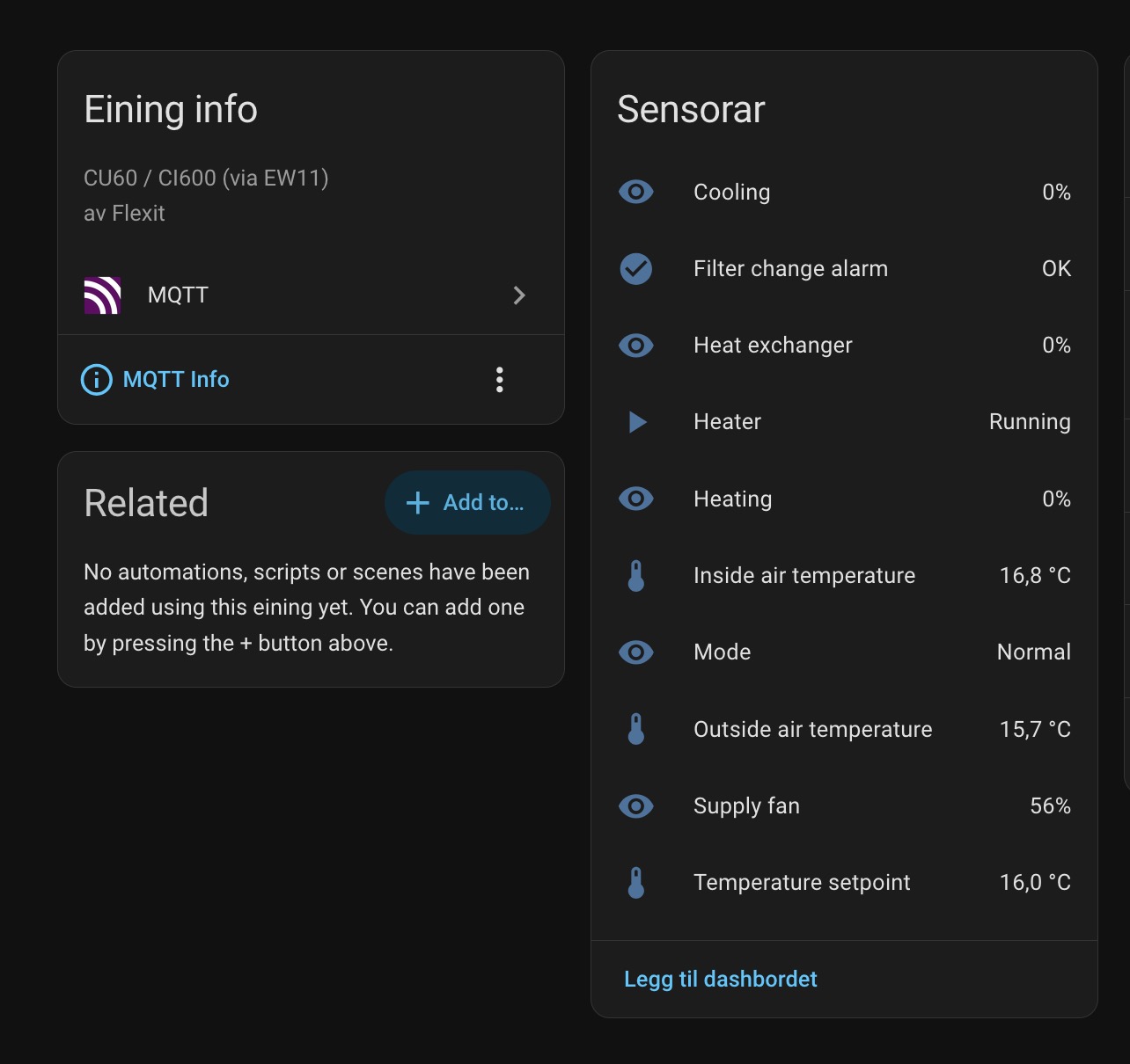 Screenshot of some data in Home Assistant